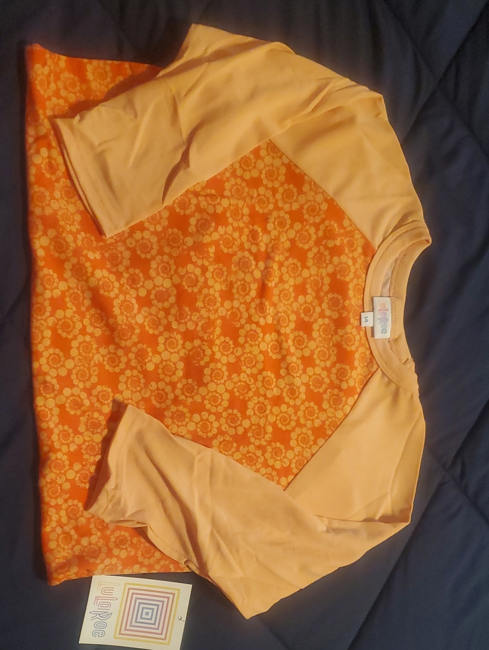 LuLaRoe Kids Orange Floral Raglan Tee with Peach Sleeves